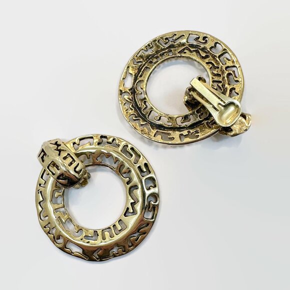 Door Knocker Earrings, Convertible, 1980s, 80s, Clips, Huggies, Gold Tone, Big - Picture 3 of 5